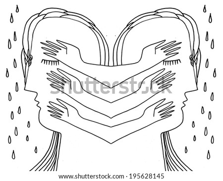 The sketched illustration of two fantasy faces with six hands and tear drops hand drawn with the ink pen