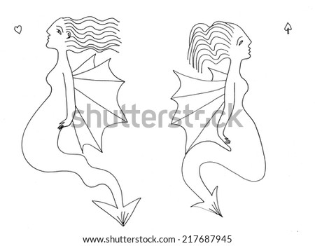 The sketched illustration of two dragon ladies with the cards symbols hand drawn with the ink pen