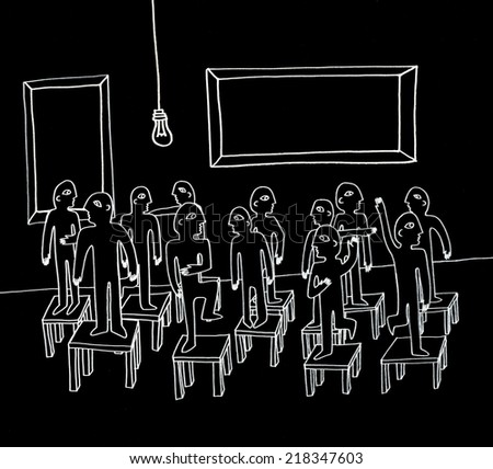 The sketched illustration of a lot of figures standing on the chairs in the empty room hand drawn with the ink and marker on the blackboard
