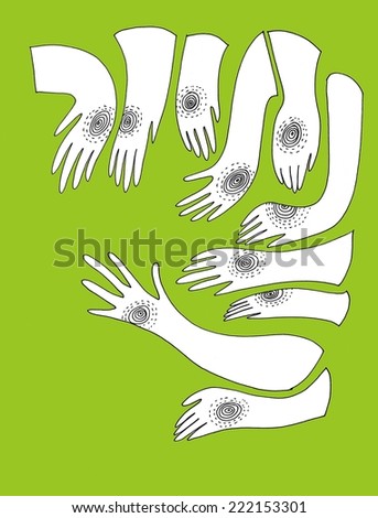The colored sketched illustration of the fantasy hands with circles on them hand drawn with the ink pen