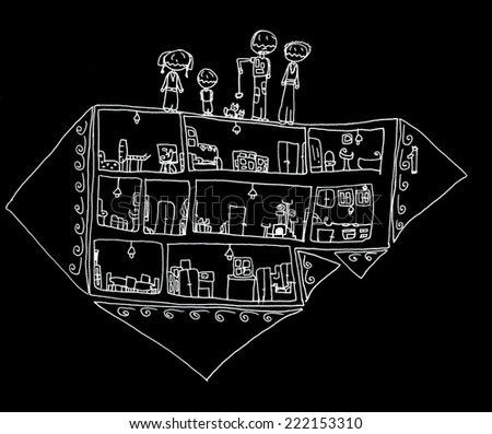 The sketched illustration of a fantasy house in the naive style with the family hand drawn with the ink pen on the blackboard