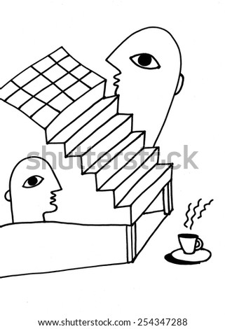 The sketched illustration of the fantasy stairway with two faces and a cup of tea hand drawn with the ink pen