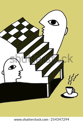 The sketched colored illustration of the fantasy stairway with two faces and a cup of tea hand drawn with the ink pen on the yellow background