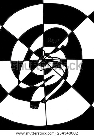 The sketched illustration of the crouching figure in the center of the abstract geometrical black and white spiral hand drawn with the ink pen