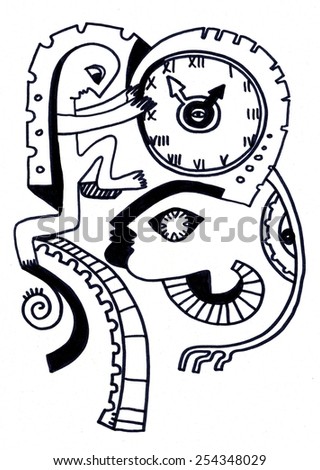 The sketched illustration of the fantasy mechanism with the faces, stairs and clock inside hand drawn with the ink pen