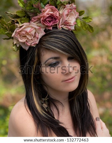 Beautiful Woman in Flower Headband Outside