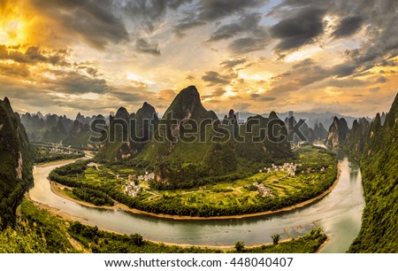 Xianggong hill landscape of Guilin, Li River and Karst mountains. Xingping, Yangshuo County, Guangxi Province, China.