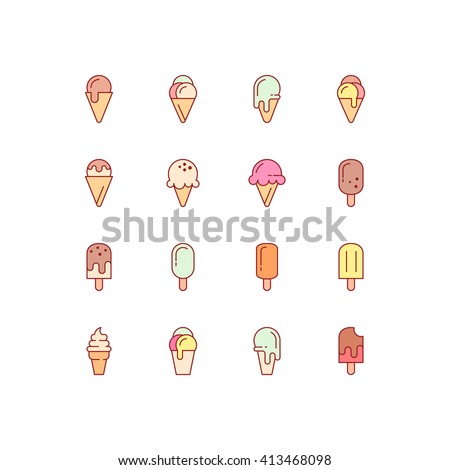 Ice cream icons. Vector set of simple linear icons. Ice cream logo. EPS 8.