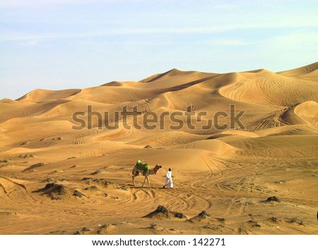 Arab man with camel in desert, near Hatta, Dubai, UAE
