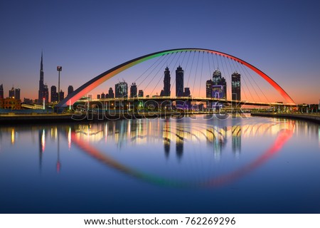 Dubai water canal at sun rise, Dubai, United Arab Emirates on November 2017
