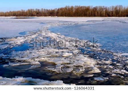 The Dnieper river in Kiev is completely frozen. Blocks of ice everywhere