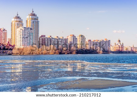 Modern Buildings close to the frozen Dnieper River in Kiev