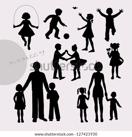Silhouettes of little children and adult peoples