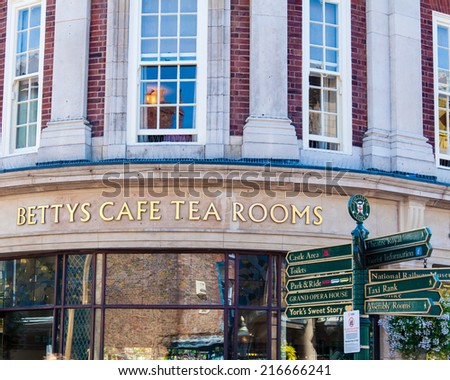 York,United Kingdom -August 9, 2014: Street view over Bettys Tea Rooms, York,UK. Bettys Tea Room are traditional tea rooms serving traditional meals with influences both from Switzerland and Yorkshire