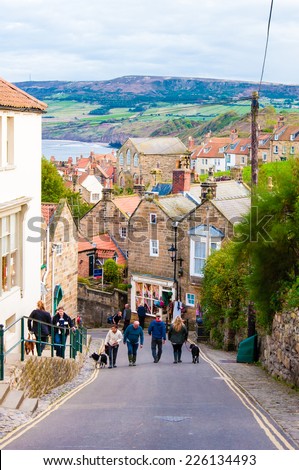 Whitby, UK - October 12, 2014:Street View at Robin Hood\'s Bay North Yorkshire UK.Robin Hood??s Bay is a small fishing village and a bay located within the North York Moors National Park