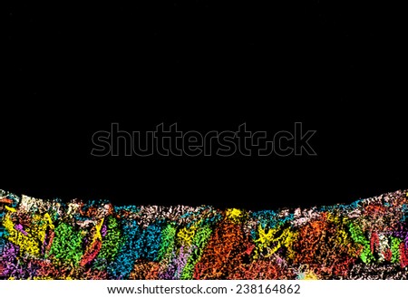 Colorful frame image isolated on black background, copy space available.Hand drawing on blackboard, horizontal shot, creativity concept