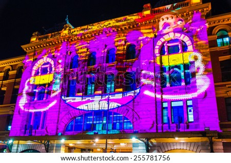 Melbourne, Australia - 21 February 2015: Art colorful projections over historical buildings.More then 500,000 people joined annual Melbourne\'s White Night cultural festival in Melbourne, Australia
