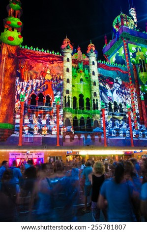 Melbourne, Australia - 21 February 2015: Art colorful projections over historical buildings.More then 500,000 people joined annual Melbourne\'s White Night cultural festival in Melbourne, Australia