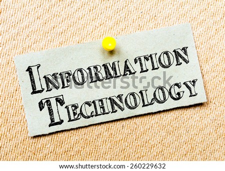 Recycled paper note pinned on cork board. Information Technology Message. Concept Image