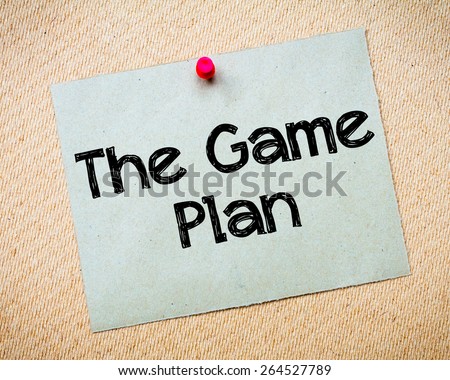 The Game Plan Message. Recycled paper note pinned on cork board. Concept Images