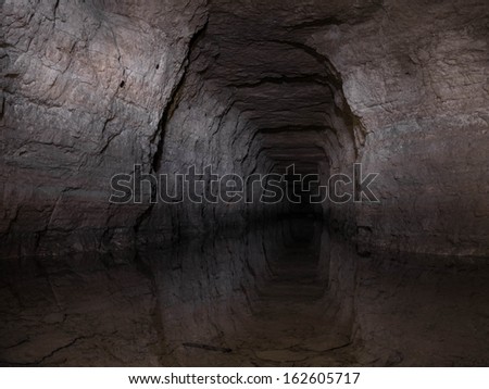 Flooded limestone tunnel. Walls reflected in water.