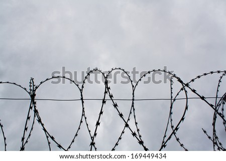 Barbed wire around restricted area. Look at the clouded sky, fog, wire silhouette.