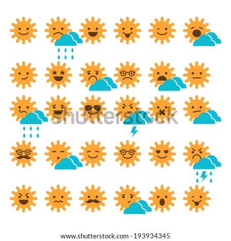 Set of suns with different emotions, smiling and sad suns, weather icons