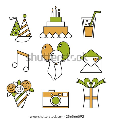 Holiday icons, happy birthday, set. Cake, balloons, flowers, gift, and other festive design elements
