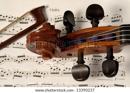 Violin and bow on music chart sheet