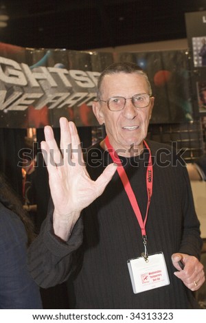 SAN DIEGO - JULY 26: Actor Leonard Nimoy poses at a booth, in character as Mr. Spock, on day 4 of the 2009 Comic-Con International Convention on July 26, 2009 in San Diego, California.