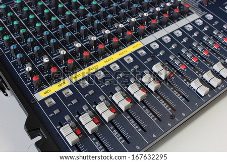 Closeup CH max volume  of sound mixing board for music.