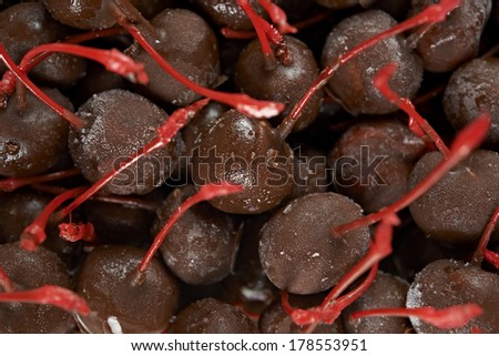Maraschino cherries covered in dark chocolate, Cherry and dark chocolate