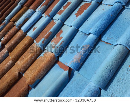 close up old blue roof tiles. blue roof texture