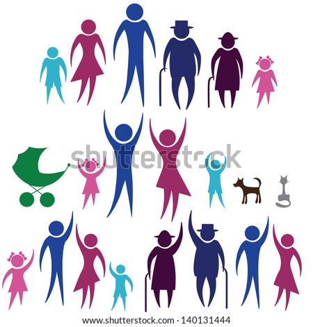 People silhouette family icon. Person vector woman, man. Child, grandfather, grandmother, dog, cat, baby buggy, carriage. Generation illustration.