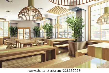 wooden japan restaurant with plants 3d Rendering