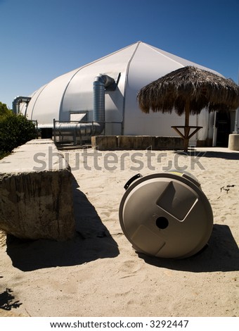 Outside shot of a white dome shape plastic tent used as a worship center at a church
