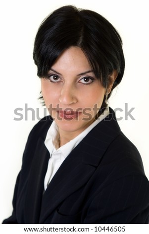 Head shot of a short hair black hair Lebanese woman wearing black blazer over white