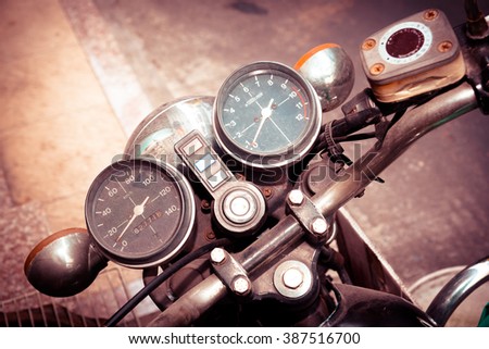 Retro motorcycle Dashboard. motorcycle Driving. Vehicle Steering Wheel and Dashboard.