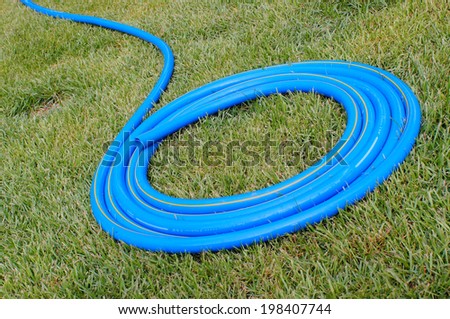 Garden hose  on green grass.