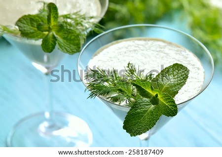 Spring herbs and yogurt smoothie, diet vitamin drink