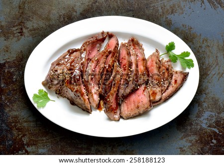 Flank steak in an oval dish, top view