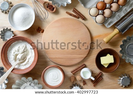 Baking ingredients background, baking concept, view from high angle