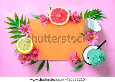 Tropical fruits background, beach wedding invitation card or summer banner