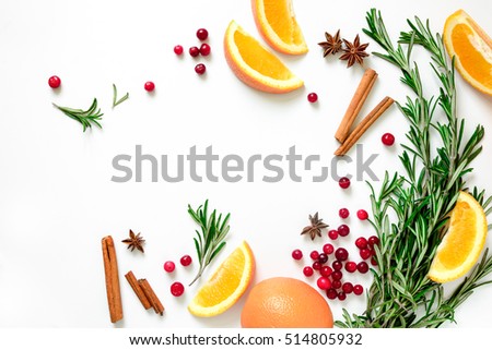 Winter warmer drink recipe concept, punch or mulled wine or Xmas party cocktail ingredients, blank space for a text, flat lay, view from above