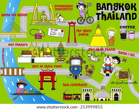 Cute Bangkok Thailand Guide Map illustration set Cute Bangkok Thailand Guide Map illustration set