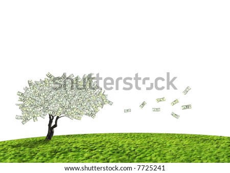 Concept of a cash tree of American dollar banknotes with leaves falling of denoting banking and savings.