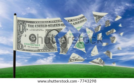 A one dollar bill tearing apart in the wind. Concept of the value of the Dollar currency falling.