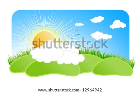 Vector illustration of a beautiful sunny nature landscape with a blue sky clouds, birds, green grass, sun with rays and green pastures.