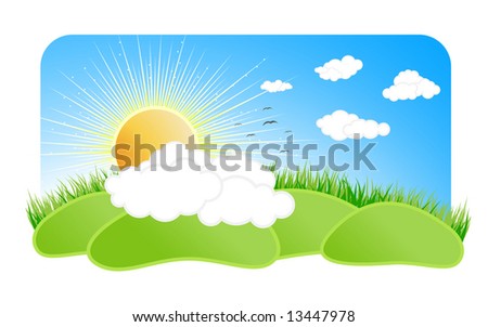 Illustration of a beautiful sunny nature landscape with a blue sky clouds, birds, green grass, sun with rays and green pastures.