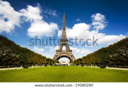 Beautiful photo of the Eiffel tower in Paris with gorgeous colors and wide angle central perspective Beautiful photo of the Eiffel tower in Paris with gorgeous colors and wide angle central perspective